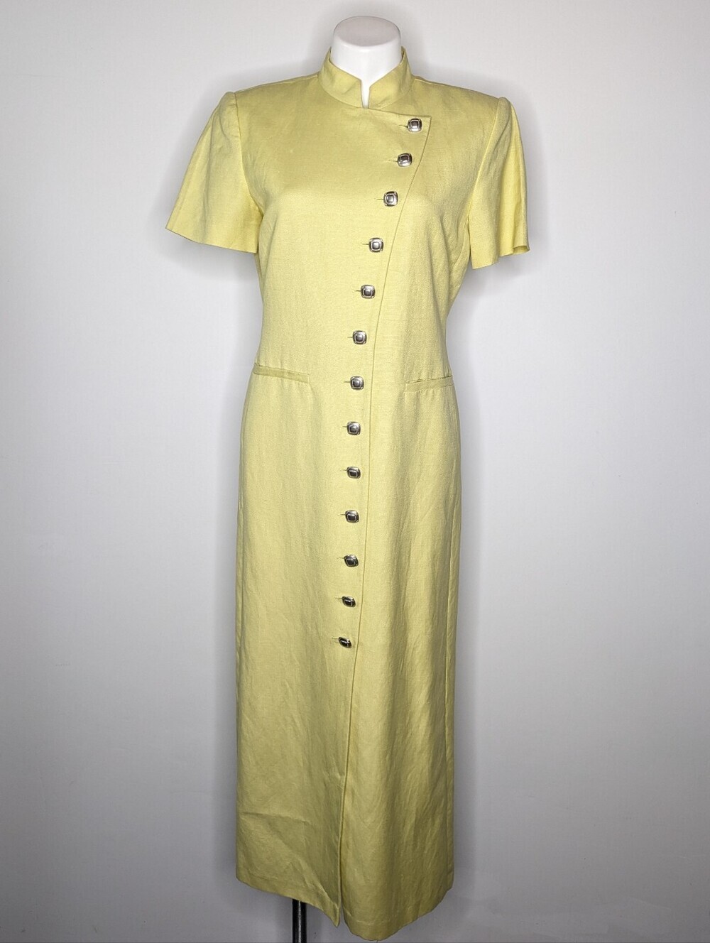 Vintage Cynthia Howie Green Yellow Silver Button Up Linen Blend Midi Dress 6